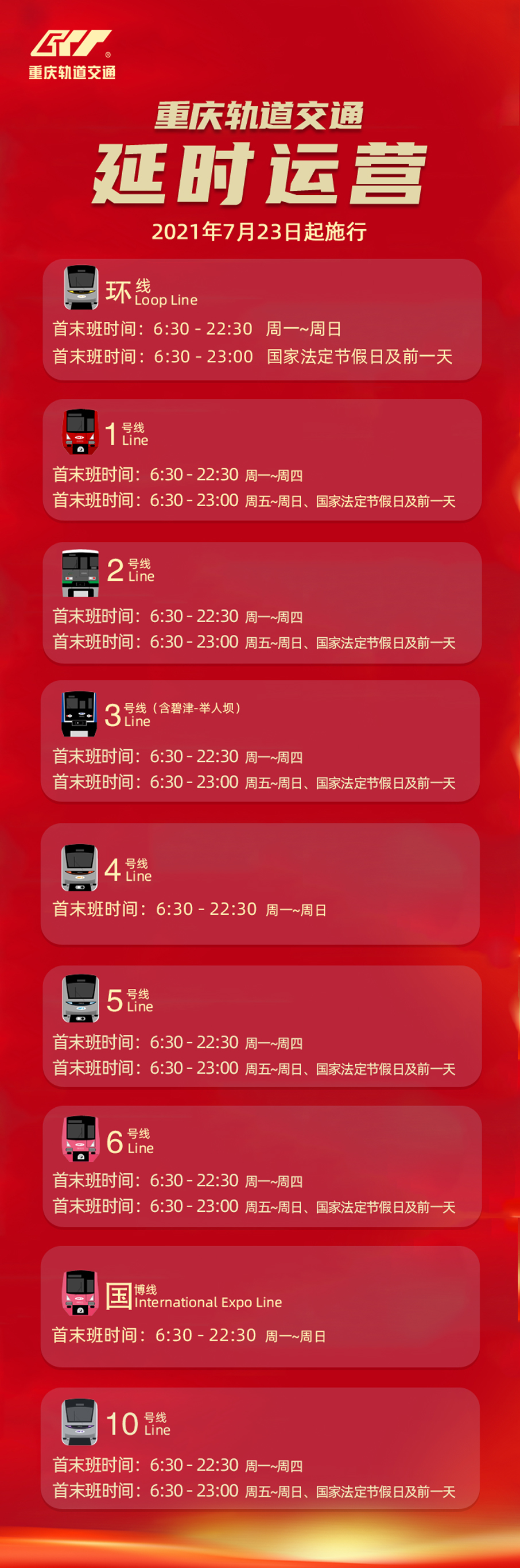重庆轨道交通1、2、3、5、6、10号线周五、节假日期间延长运营时间 重庆轨道集团供图 华龙网-新重庆客户端 发 重庆轨道交通1、2、3、5、6、10号线周五、节假日期间延长运营时间 重庆轨道集团供图 华龙网-新重庆客户端 发