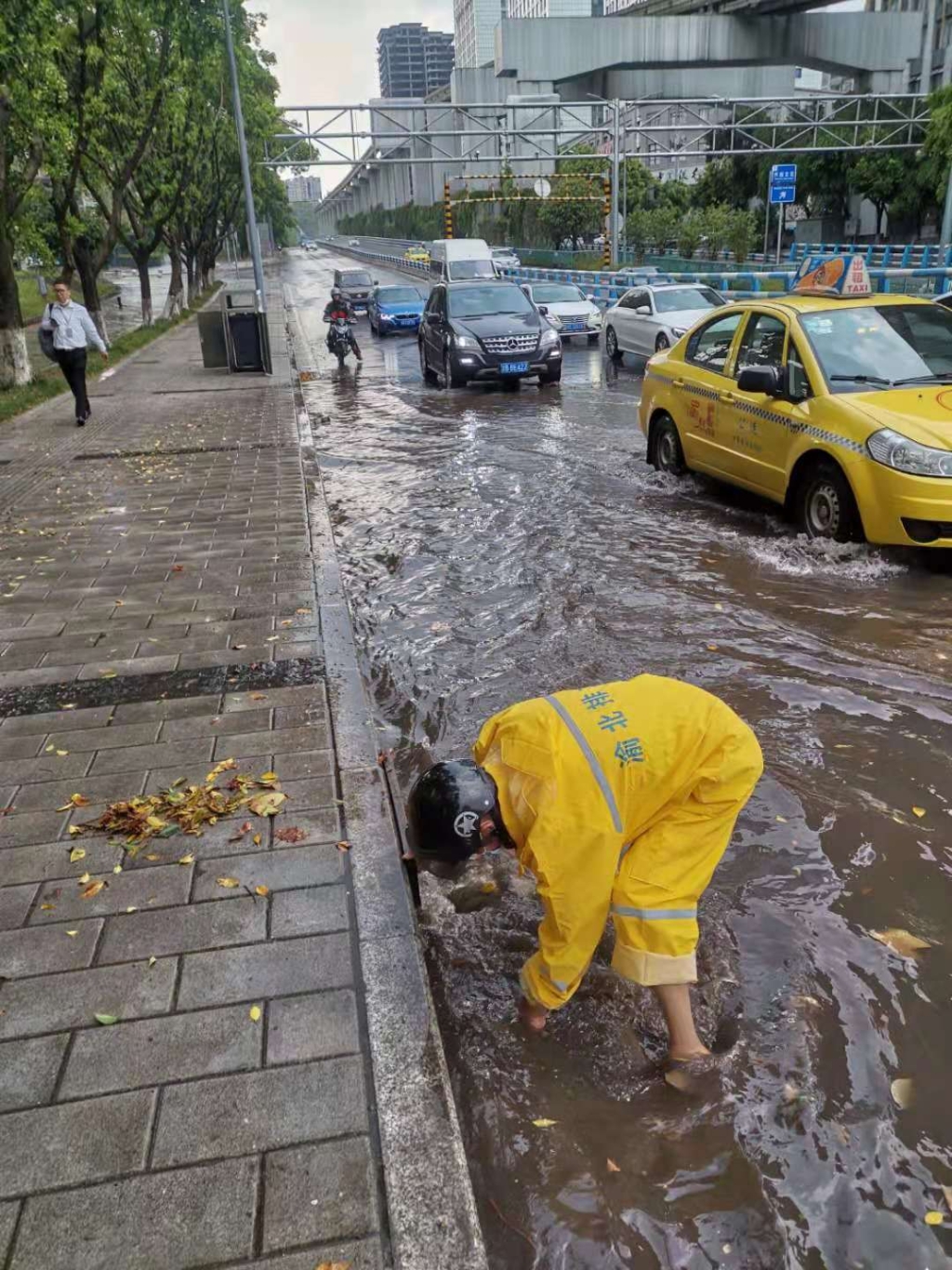 新溉大道保利f组团绿化带外公路正在清除积水 市住房城乡建委供图 华龙网-新重庆客户端 发